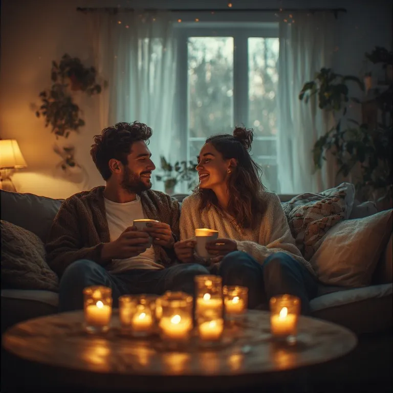 Couple dans une ambiance tamisée avec bougies créant une atmosphère apaisante et chaleureuse