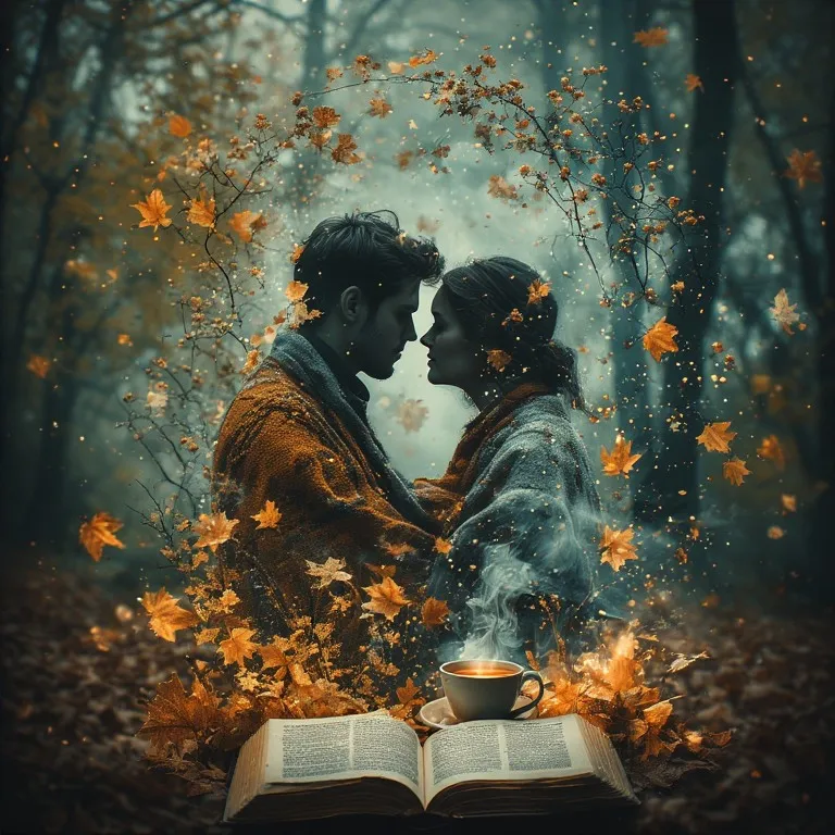 Couple en cocooning d'automne sous un plaid chaleureux avec tasses de thé et ambiance lumineuse douce