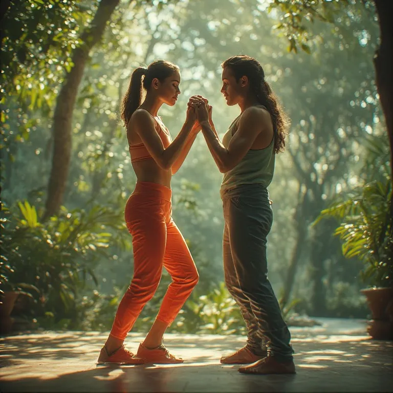 Couple pratiquant ensemble une routine d'étirements stretching dans une ambiance apaisante et complice