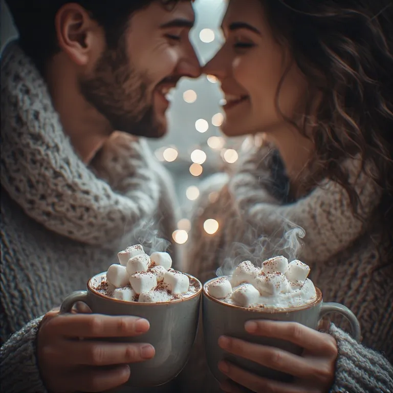 Couple blotti sous un plaid partageant une boisson chaude réconfortante dans une ambiance cocooning