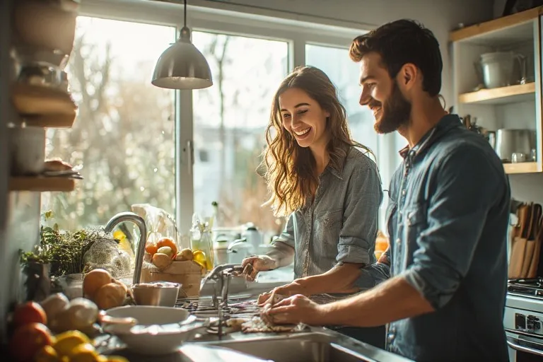 Couple collaborant harmonieusement aux tâches ménagères dans une ambiance de partage et d'équité