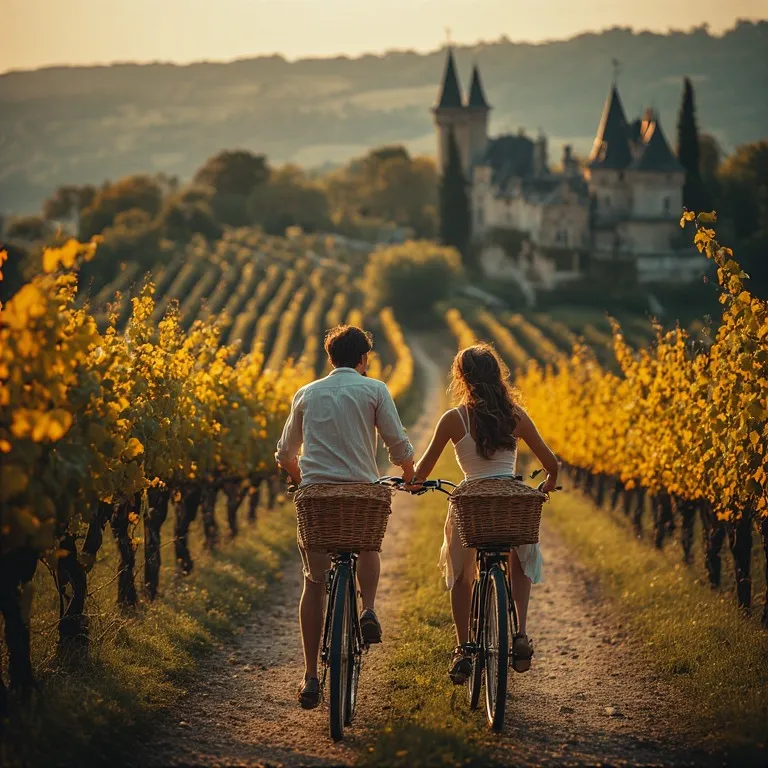 Couple à vélo sur un itinéraire romantique en France avec paysages bucoliques et complicité